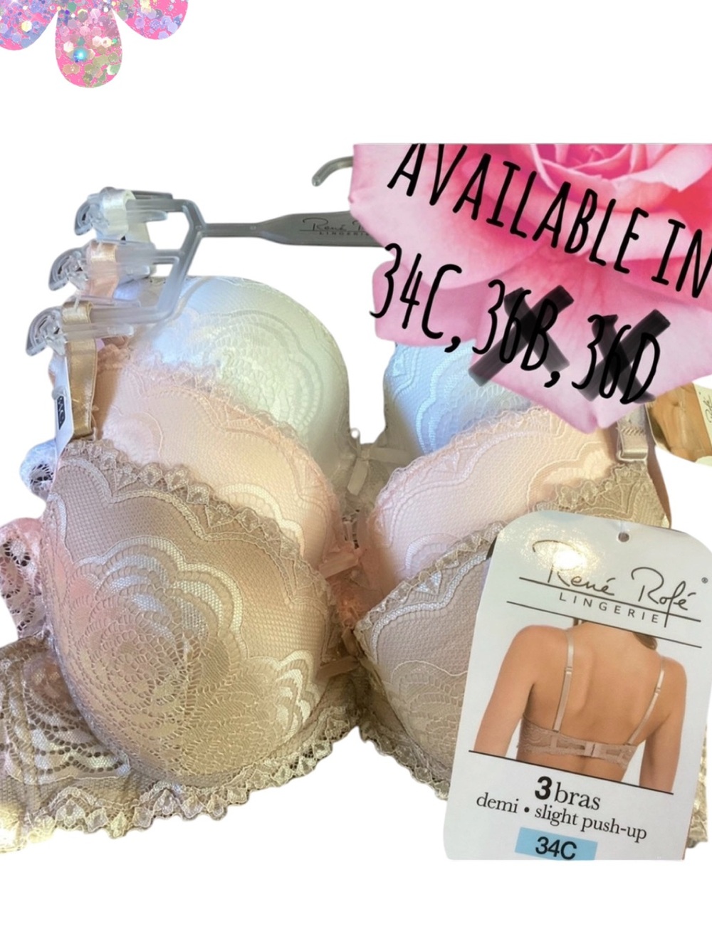 🌸3 Pack Lace Bra Demi Slight Push